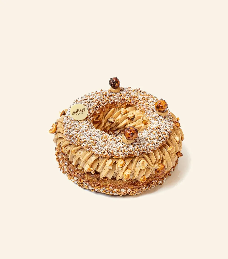Lenôtre hazelnut Paris-Brest, a choux crown with praliné cream and caramelised hazelnuts, photo by Lenôtre